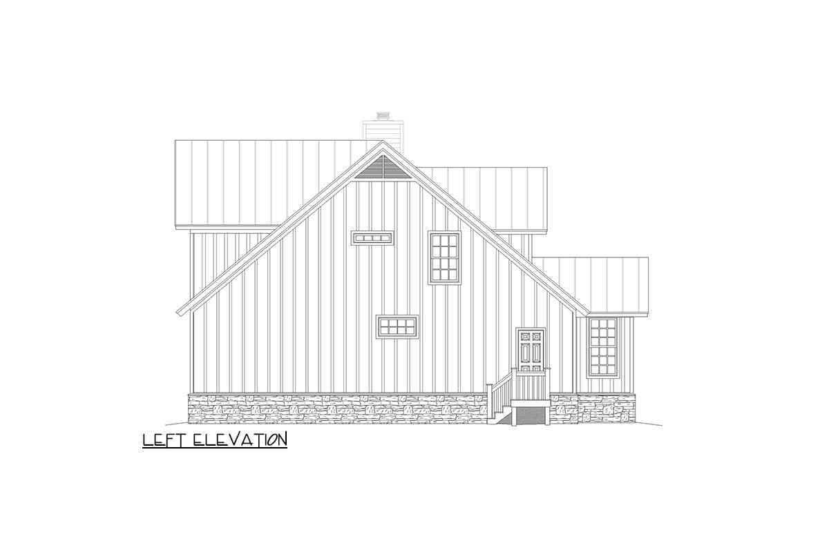 Left elevation house plan showing a gambrel roofline, vertical siding, stone foundation, and central entry with a small porch.