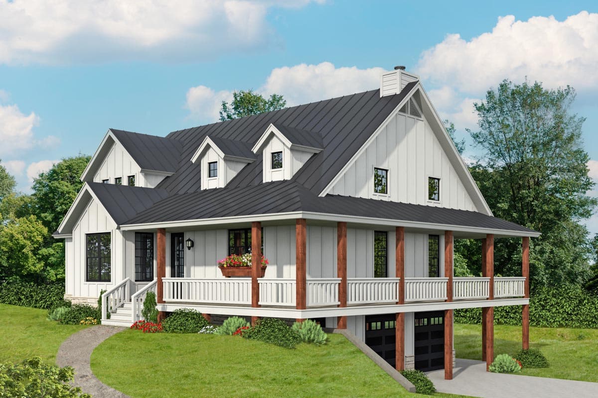 Modern Farmhouse house plan exterior with a covered porch, multiple dormers, and a gable roof. Includes a two-car garage.