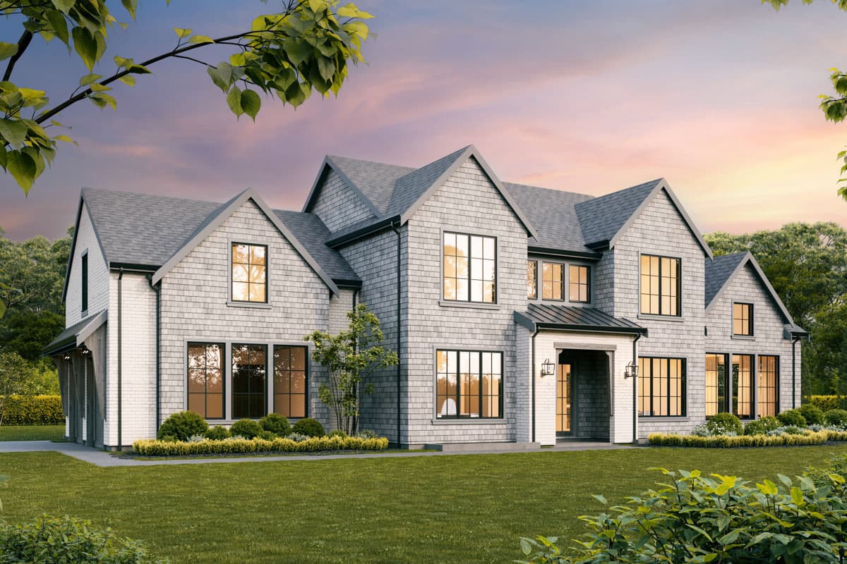 House plan exterior: Modern Farmhouse style, two stories, with shingle siding, prominent gables, and a covered entrance.