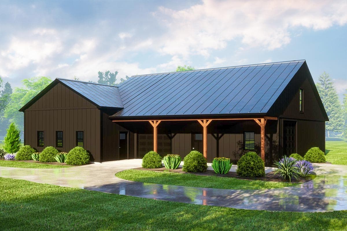 House plan exterior featuring a dark exterior with gabled roof, covered porch, and garage door. Includes a concrete driveway and landscaping.