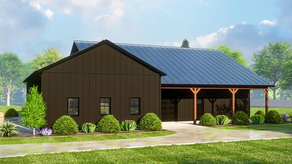 House plan exterior: Modern barn style, dark siding, metal roof, covered carport with exposed beams, garage door.