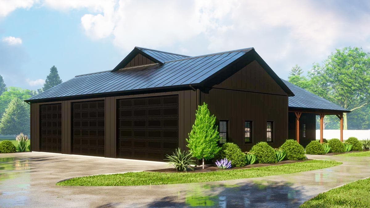 Modern farmhouse house plan exterior with three garage bays, dark siding, and a metal gable roof.