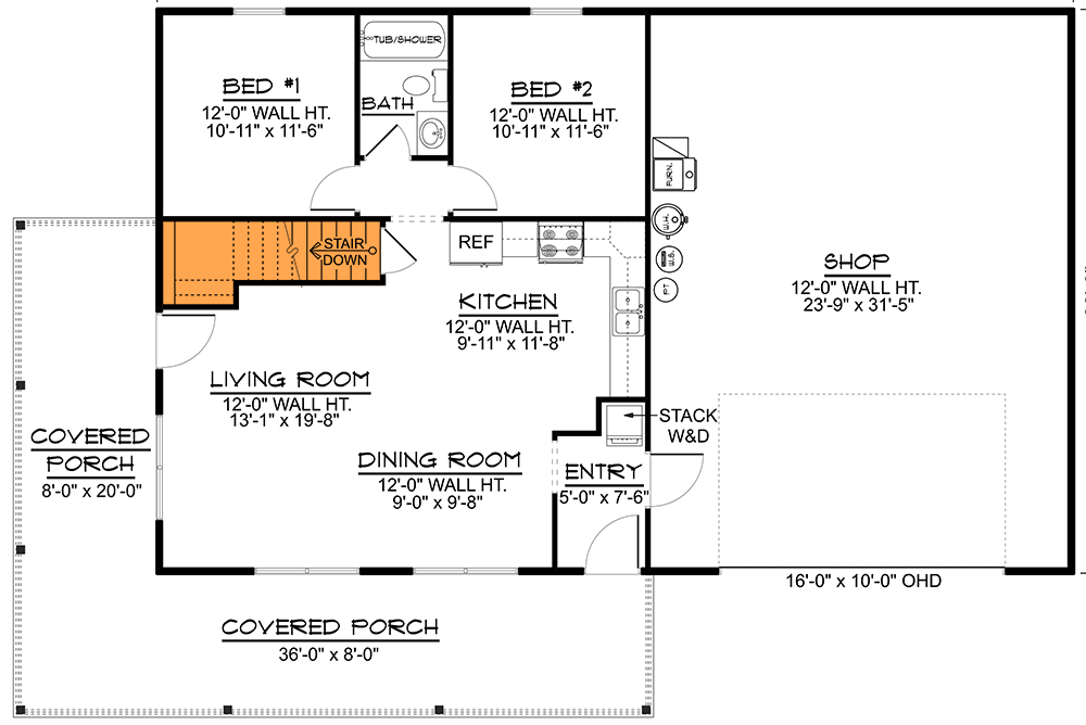 Plan 135236GRA: 896 Square Foot 2 Bedroom Barndominium-Style House Plan - Floor Plan - Basement Stairs Location - Barndominium, Country, Hill Country, New American, Traditional