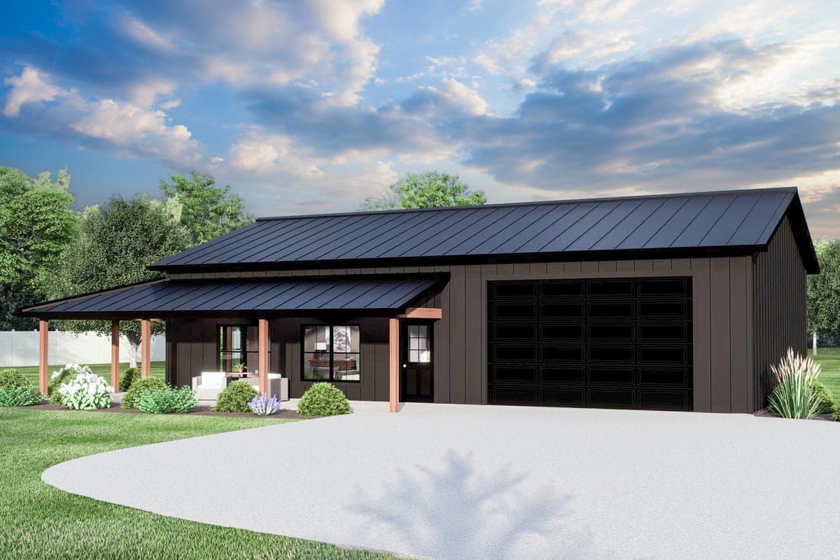 House plan exterior with shed-style roof, covered porch, and attached garage. Includes dark siding and a prominent black garage door.