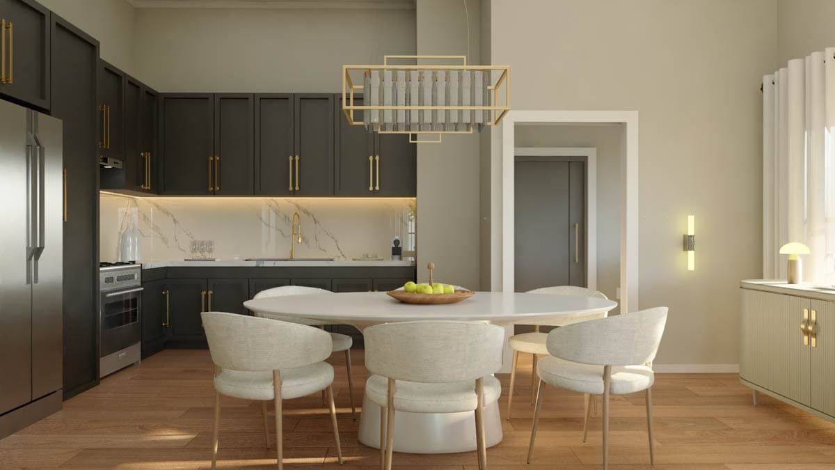 Open-concept dining area and kitchen with dark cabinetry, marble backsplash, oval dining table, and stainless steel appliances.