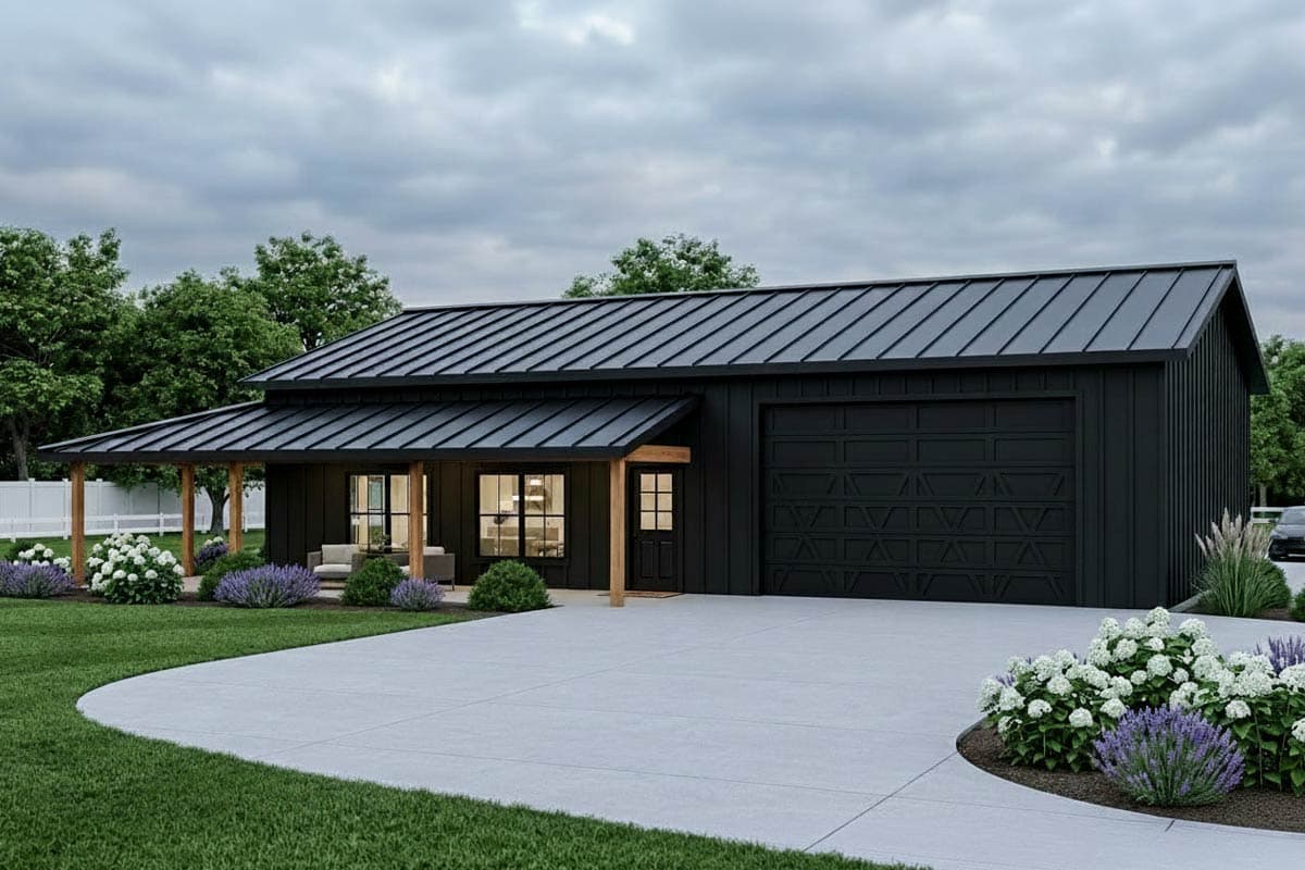 House plan exterior with shed-style roof, covered porch, and attached garage. Includes dark siding and a prominent black garage door.