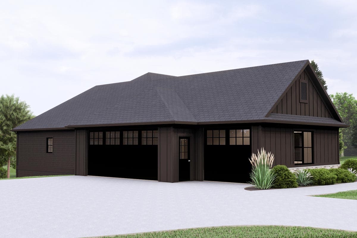 Modern Farmhouse house plan exterior with a three-car garage, dark vertical siding, and a prominent gable.