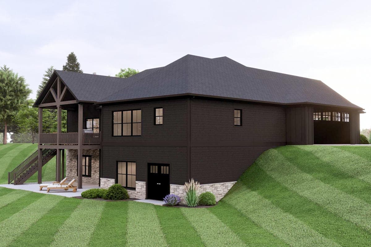 House plan exterior shows a dark-clad home with covered porch, stone accents, multiple windows, and a three-car garage.