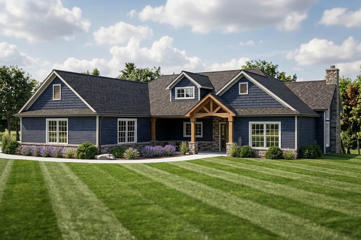 House plan exterior. Modern Farmhouse style with dark siding, a covered porch with stone columns and wood beams, and multiple gables.