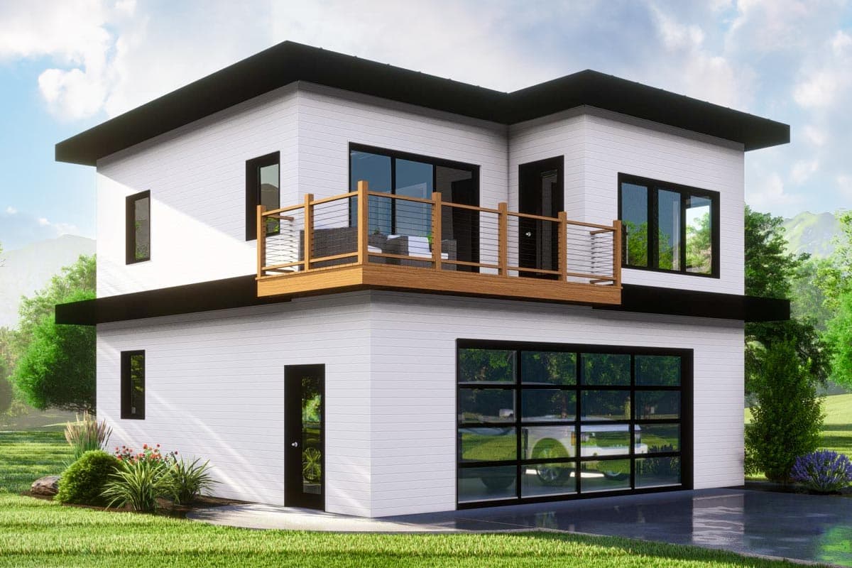House plan exterior. Two-story modern style with flat roof and balcony. Features include a glass garage door and wood-framed balcony.