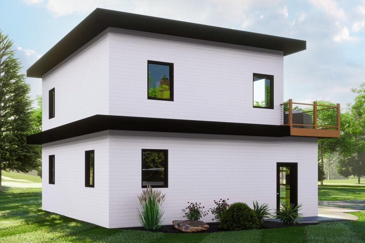 Modern two-story house plan exterior with horizontal siding, a flat roof, and a second-story balcony.