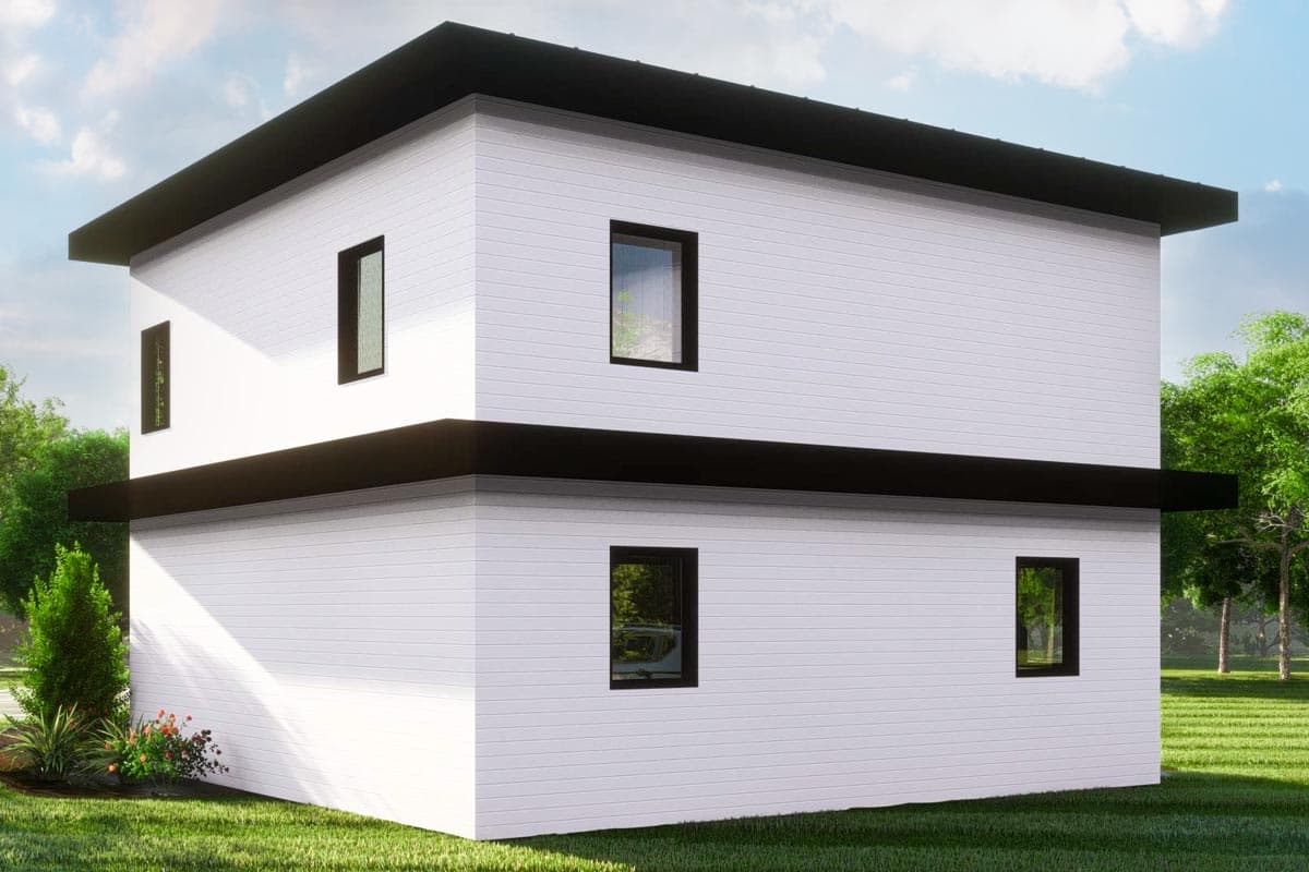 Modern two-story house plan exterior with white horizontal siding, flat black roof overhangs, and dark-framed windows.