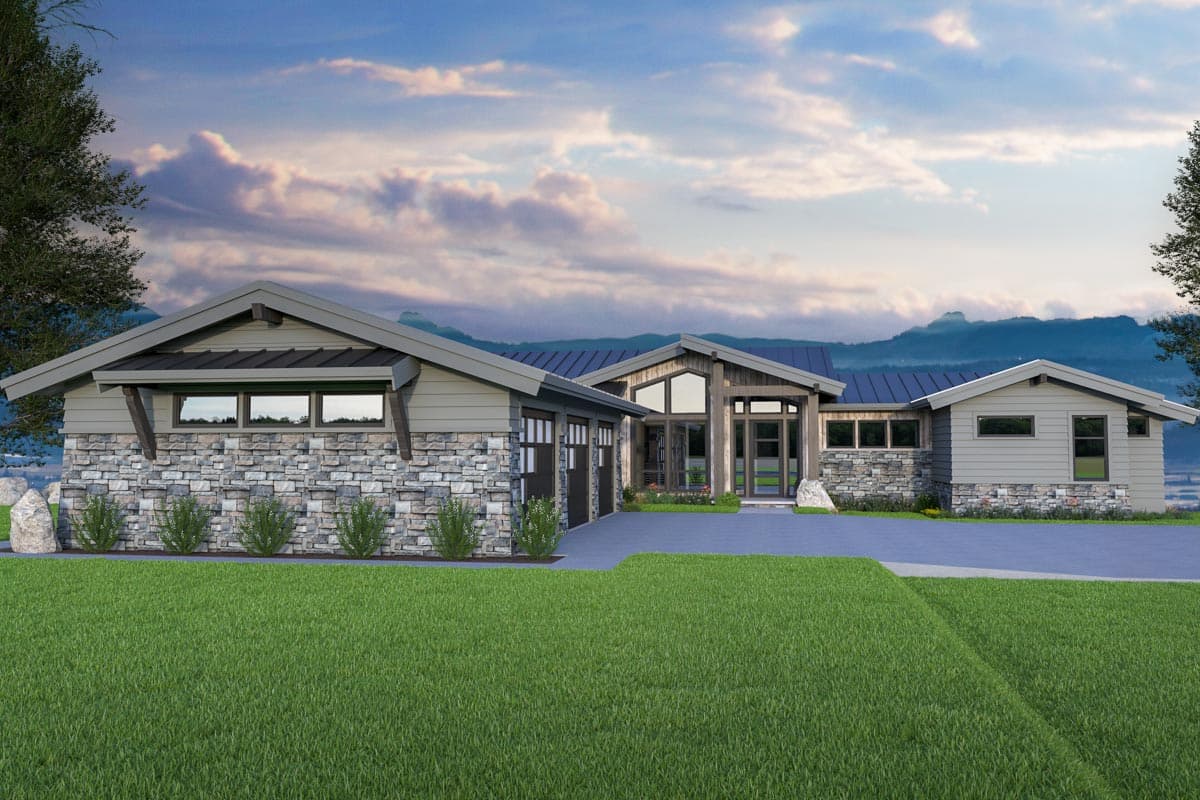 Modern ranch house plan exterior with stone and wood siding, a multi-gable roof, and a three-car garage.