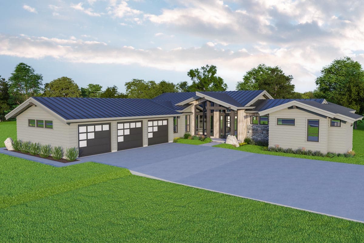 Modern ranch house plan exterior with a triple garage, pitched rooflines, and stone facade.