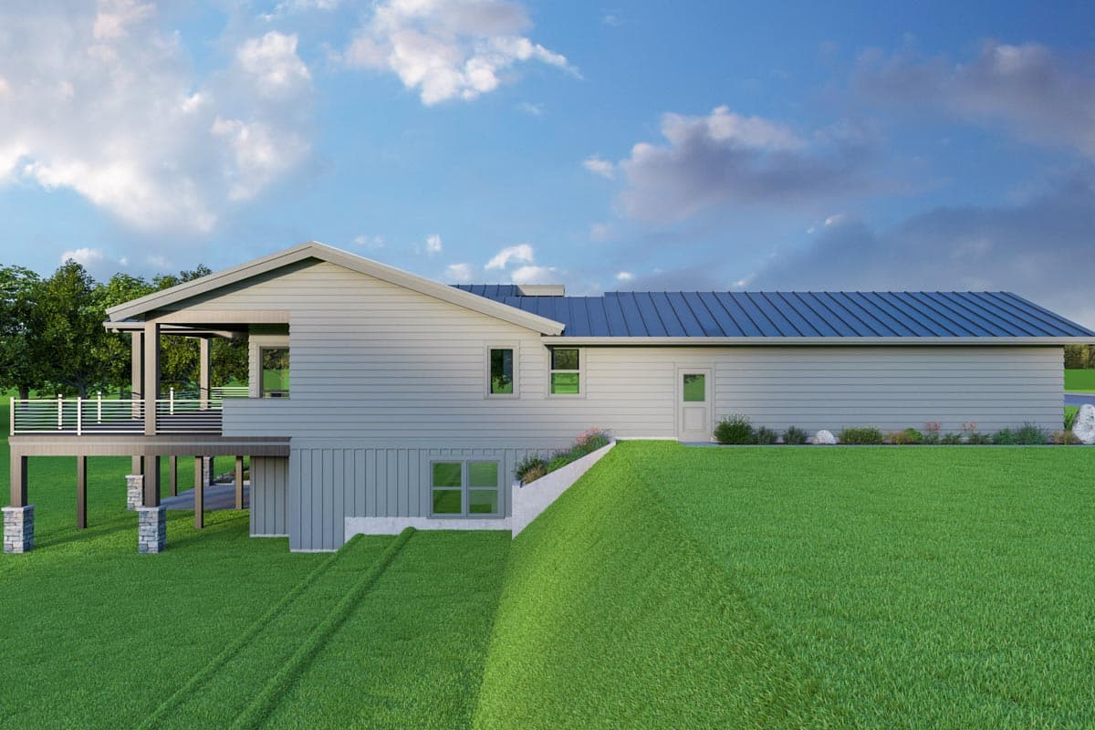 House plan exterior: Modern single-story with a covered deck, metal roof, horizontal siding, and stone column supports.