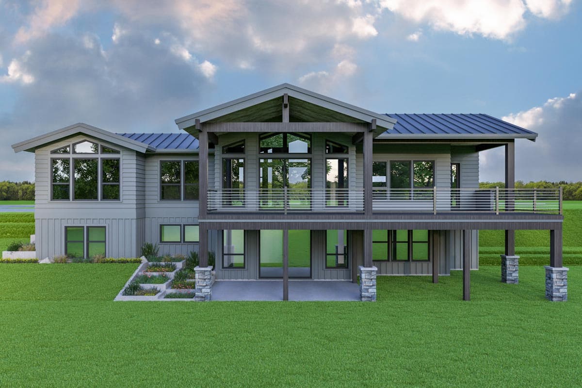 House plan exterior of a two-story Modern style home with a metal roof, large windows, covered deck, and stone accents.