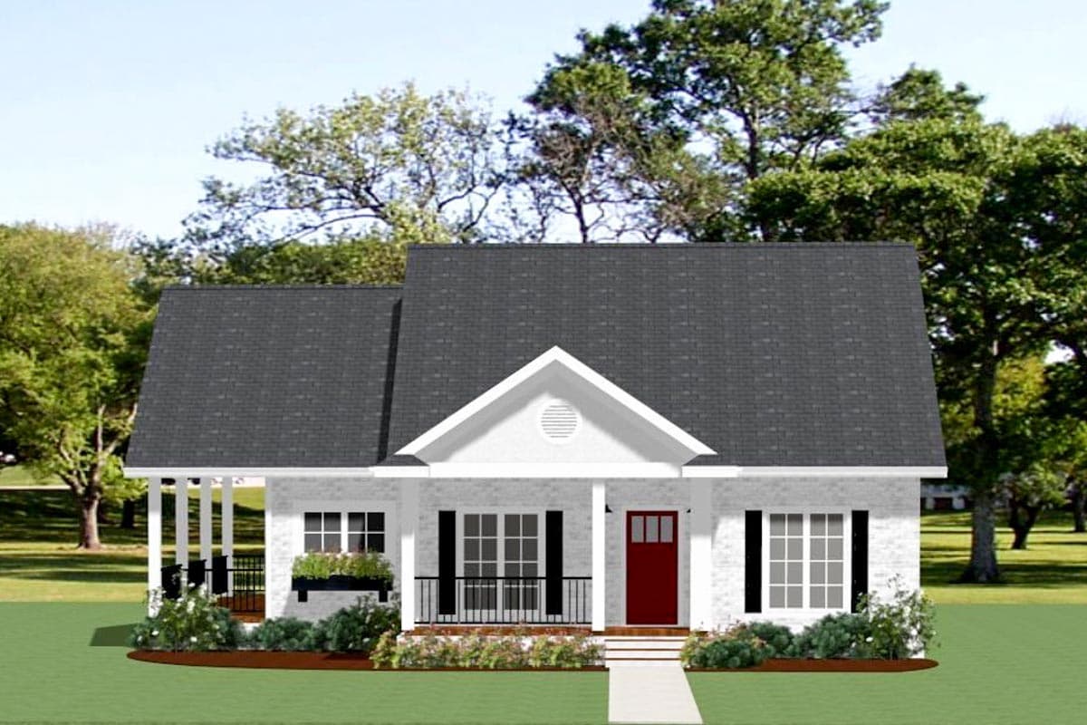 House plan exterior with front porch and gable over the entrance. Features include black shutters, dark roof, and a red front door.
