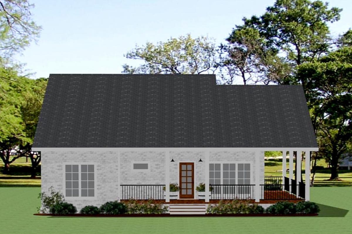 House plan exterior: One-story brick home with a covered front porch, central entrance, and large windows.