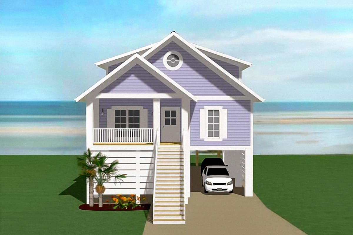 House plan exterior shows a two-story cottage style with a covered porch, gabled roof, and a carport.