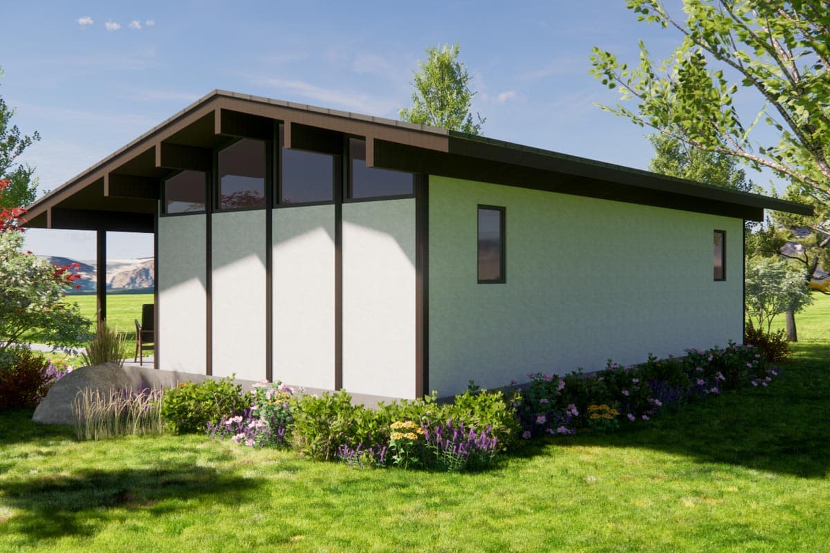 House plan exterior of a single-story modern home with a low-pitched gable roof, clerestory windows, and a covered entry.