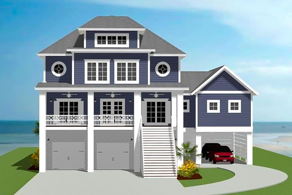 House plan exterior. Two-story coastal-style home with a gabled roof, a two-car garage, and a covered porch with white columns.