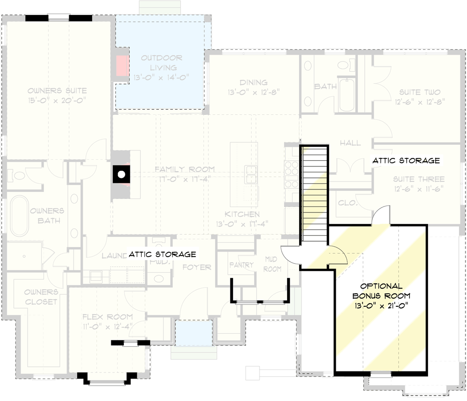 Plan 93194EL: Transitional Tudor House Plan Under 2400 Square Feet with Bonus Expansion - Floor Plan - Optionally Finished Bonus Room - Acadian, Contemporary, European, Southern, Transitional, Tudor