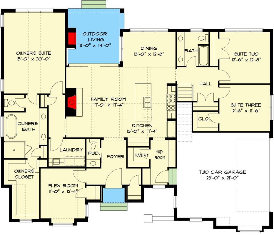 Plan 93194EL: Transitional Tudor House Plan Under 2400 Square Feet with Bonus Expansion - Floor Plan - Main Level - Acadian, Contemporary, European, Southern, Transitional, Tudor
