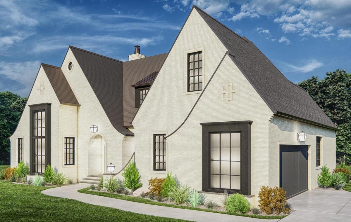 House plan exterior with white brick, dark roof, arched entryway, gables, and multi-pane windows.