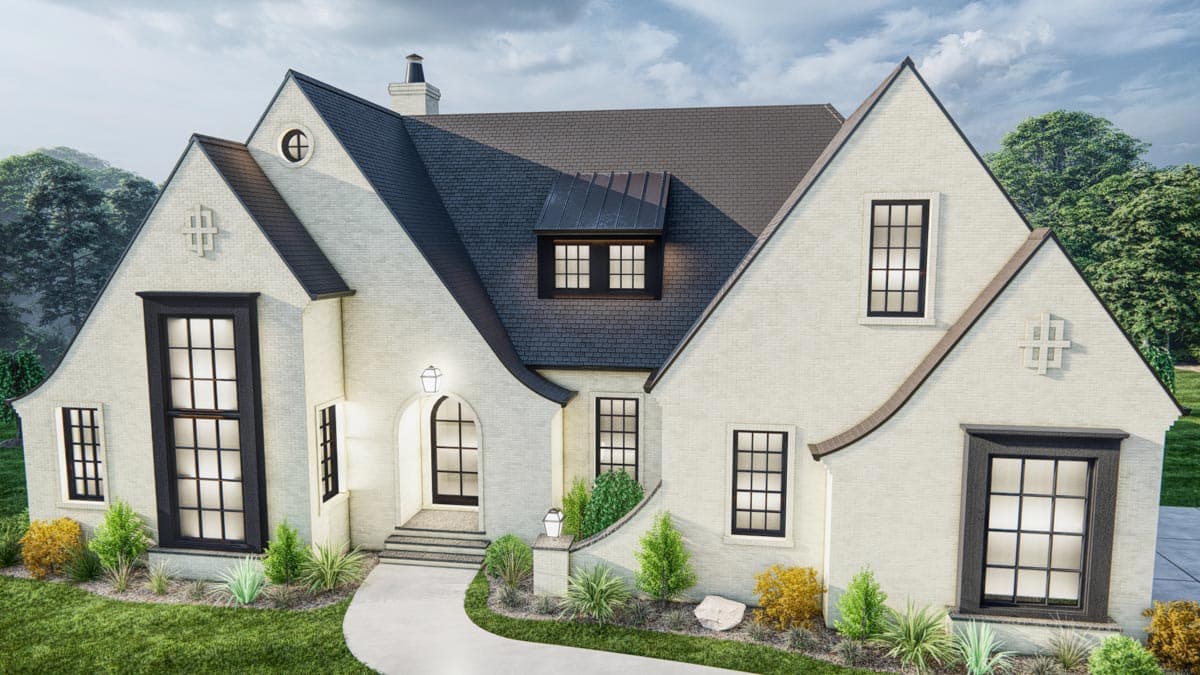 House plan exterior with white brick, steep gables, arched entryway, dormer, and varied window styles.