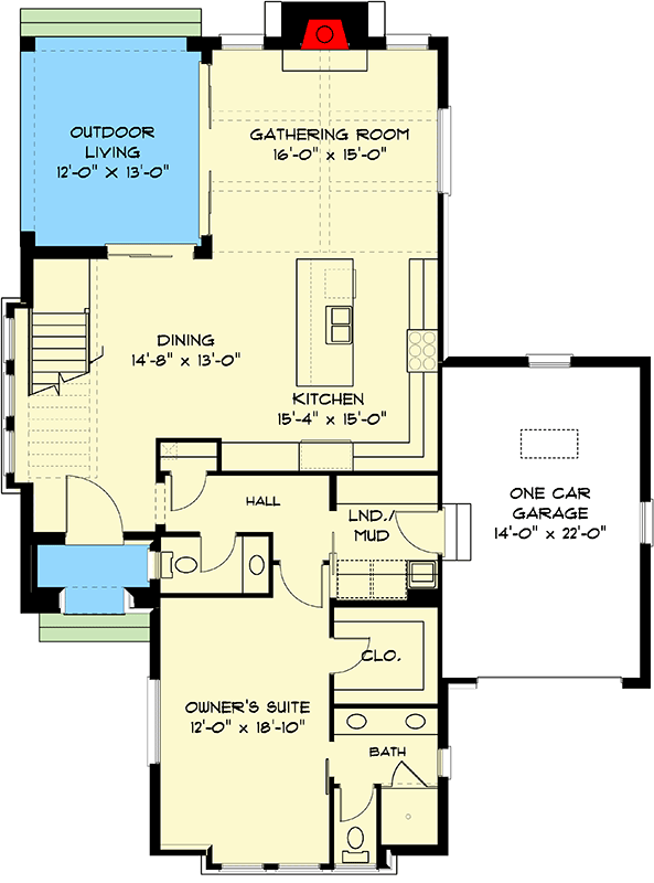 Plan 93195EL: 4 Bedroom 2486 Square Foot Transitional House Plan Upstairs Flex Room - Floor Plan - Main Level - European, New American, Transitional