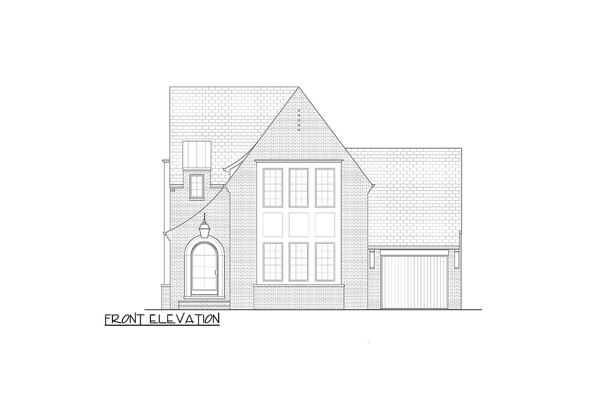 Front elevation drawing of a brick house with arched doorway, large multi-pane window, and attached garage.