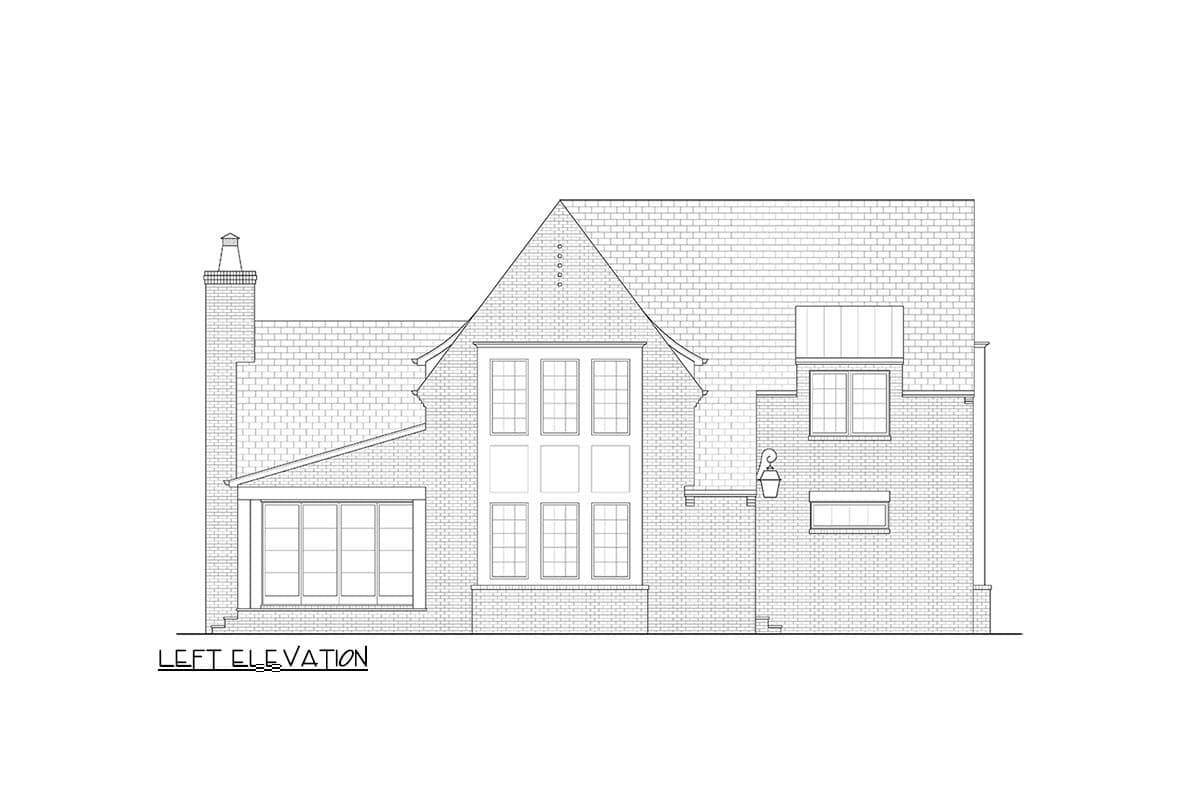 Left elevation of a house plan showing a brick exterior with a prominent gable, bay windows, a chimney, and a dormer.