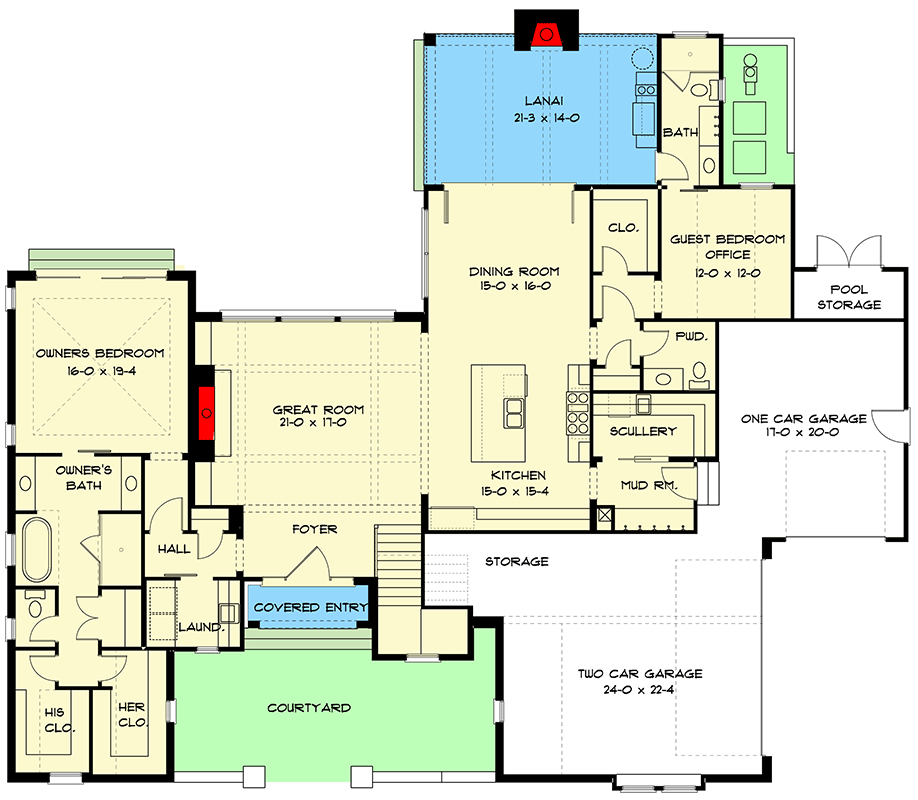Plan 93196EL: 4233 Square Foot 5 Bed Transitional House Plan with Upstairs Game and Secret Rooms - Floor Plan - Main Level - Contemporary, European, Transitional