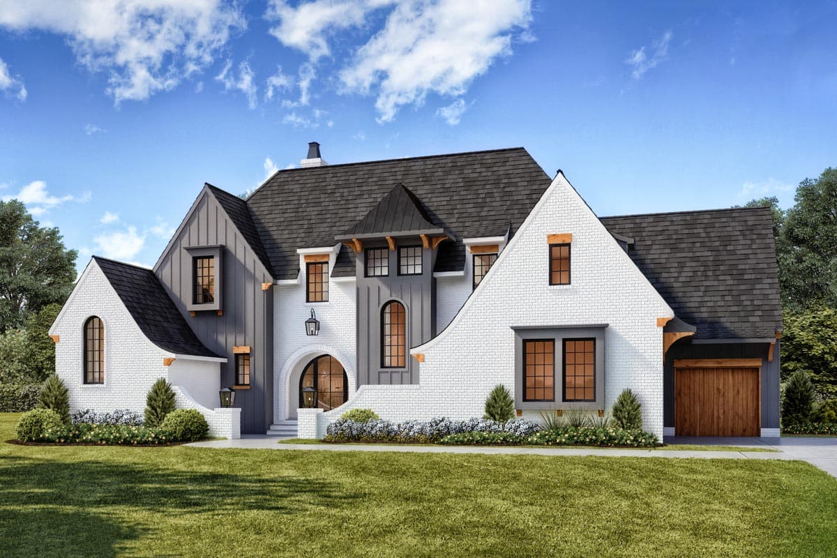 House plan exterior with two stories. Features include gables, a covered entryway with an arched doorway, and a side-entry garage with a wooden door.