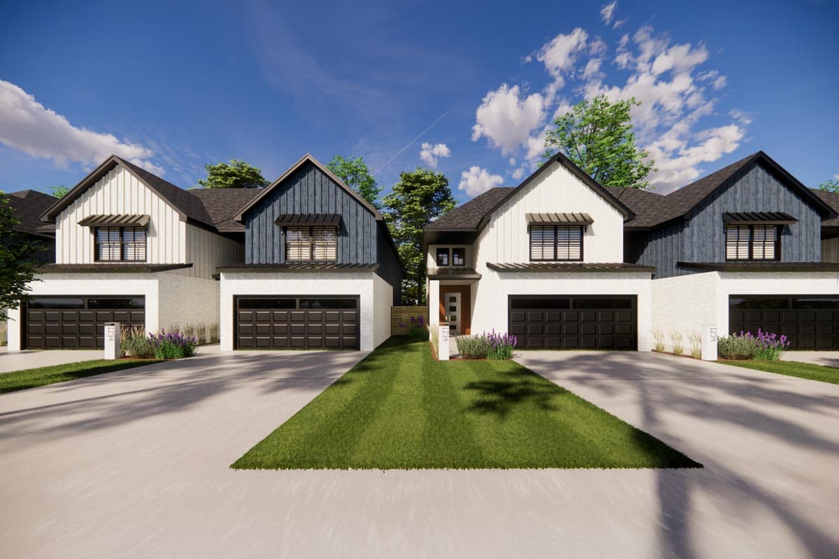 House plan exterior featuring Modern Farmhouse style with two-story design, gabled rooflines, and attached garages.