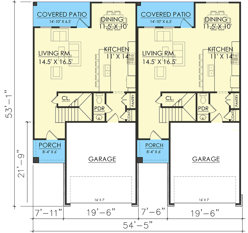 Plan 421519CHD: New American Duplex House Plan with Match 3 Bed 1622 Square Foot Units - Floor Plan - Main Level - Craftsman, Modern Farmhouse, New American