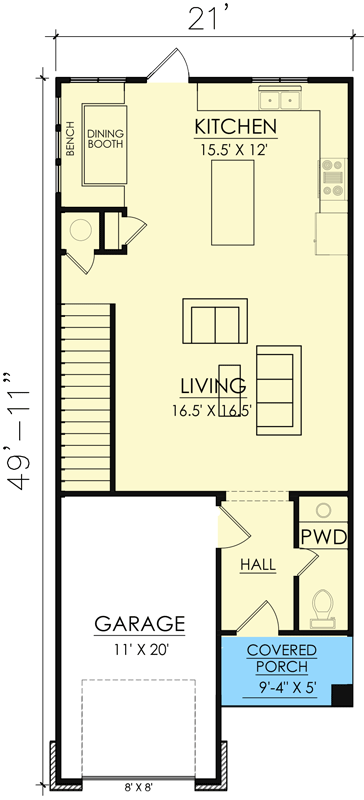 Plan 421520CHD: 21-Foot-Wood 3-Bed House Plan Under 1700 Square Feet - Floor Plan - Main Level - European, New American, Transitional