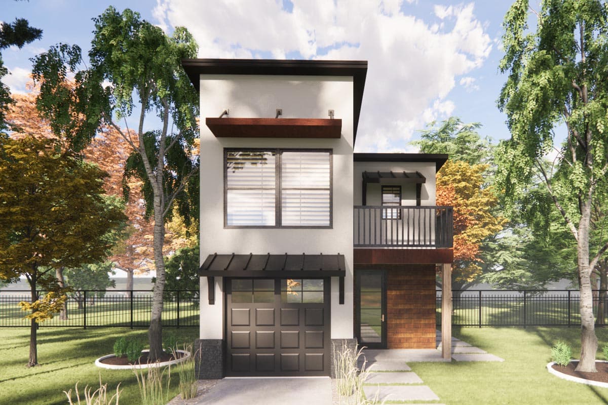 House plan exterior with two stories, flat roof, and metal awnings. Features a balcony, garage, and a wood-paneled entrance.