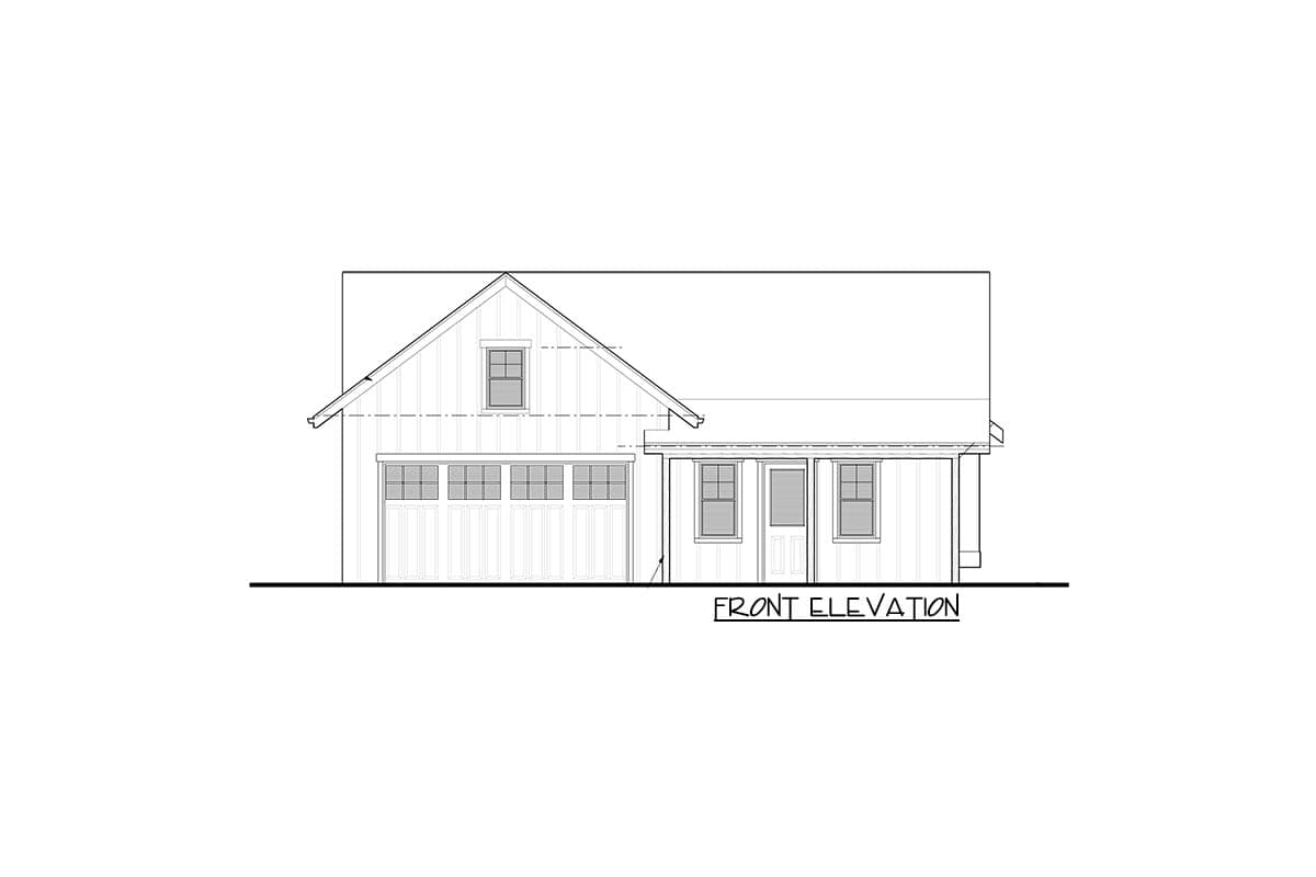 Front elevation drawing of a house plan featuring a gable roof, dormer window, garage, and covered entry with columns.