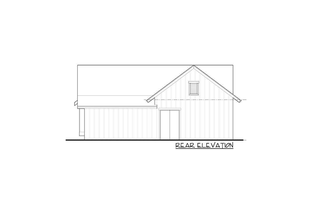 Rear elevation drawing of a house plan featuring vertical siding, double doors, and a shed dormer.