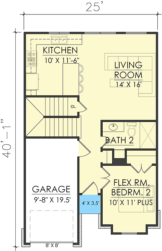 Plan 421521CHD: 1605 Square Foot Townhouse-Style House Plan with Flex Room - Floor Plan - Main Level - Craftsman, New American, Traditional