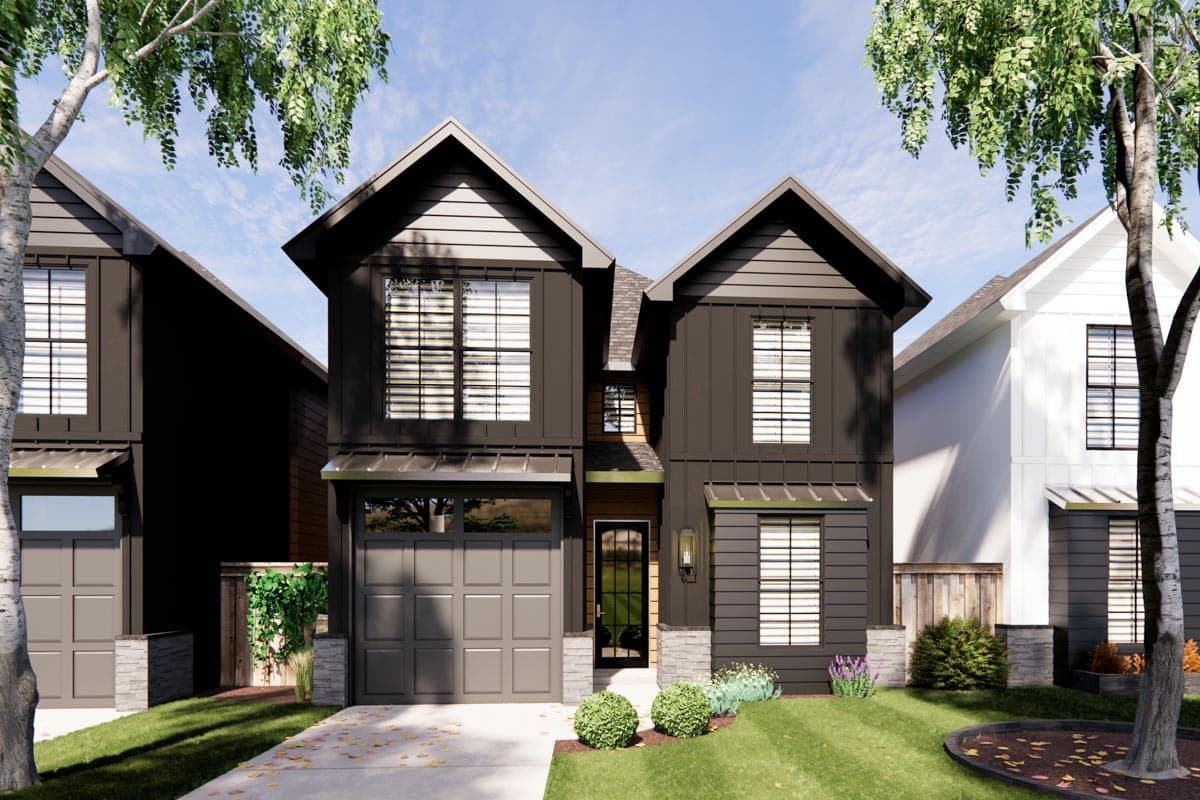 House plan exterior. Modern Farmhouse style, two-story home with gabled roof, board-and-batten siding, and attached garage.