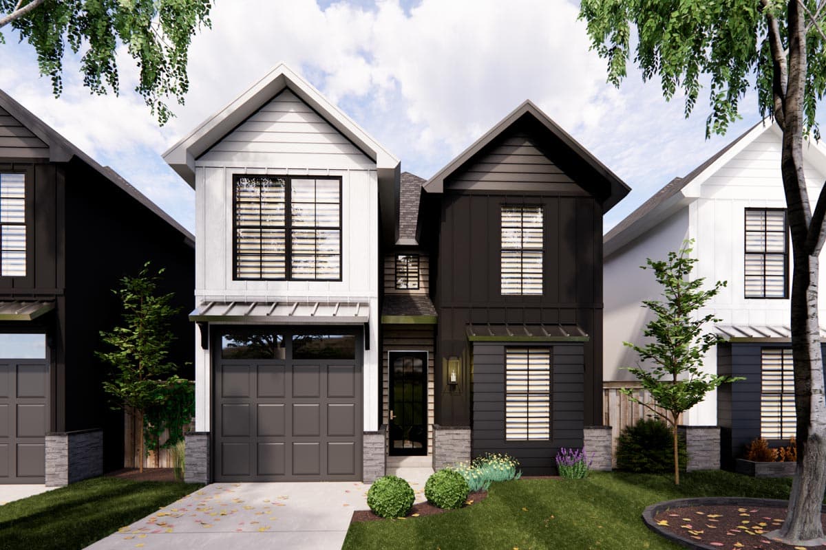 Modern two-story house plan exterior with contrasting white and dark siding, gabled rooflines, and a front-facing garage.