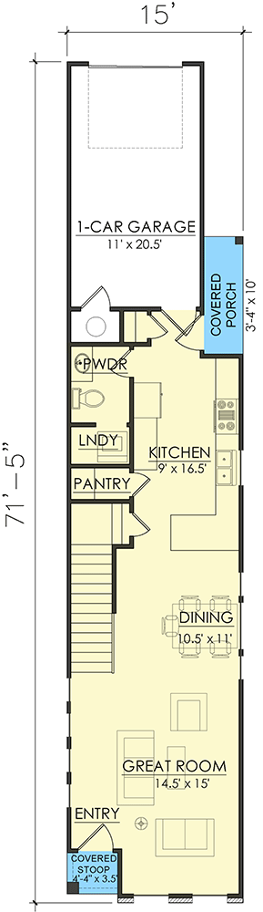 Plan 421522CHD: 15-Foot Wide 2 Bed 2 Story House Plan with Alley Access Garage - Floor Plan - Main Level - Craftsman, New American, Northwest