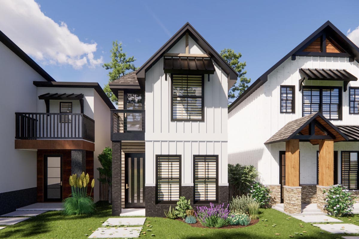 House plan exterior. Two-story modern farmhouse with board-and-batten siding. Features include a gable roof, metal awning, and balcony.