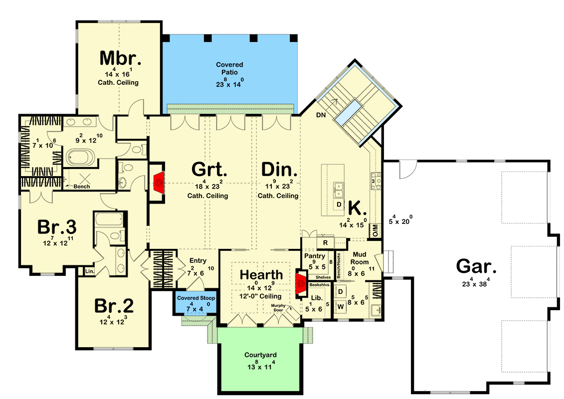 Plan 623253DJ: 2500 Square Foot Modern Cottage with Hidden Library - Floor Plan - Main Level - Cottage, Country, European, New American, Ranch, Transitional