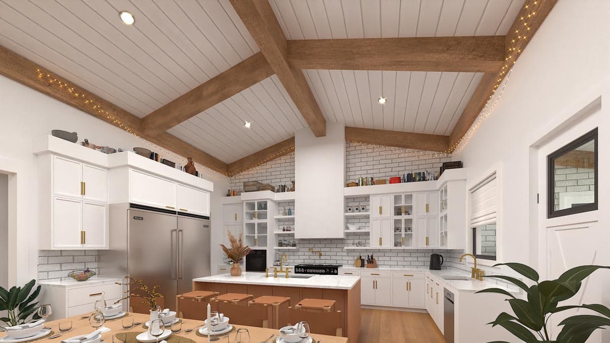 Interior rendering of a kitchen with vaulted wood-beamed ceiling, white cabinetry, large island, and stainless steel appliances.