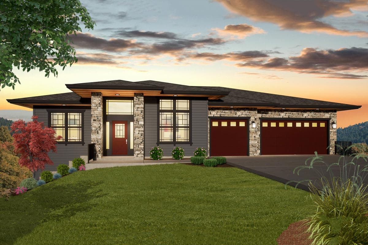House plan exterior featuring a modern design, flat roof, stone accents, and a two-car garage. Windows are prominent.