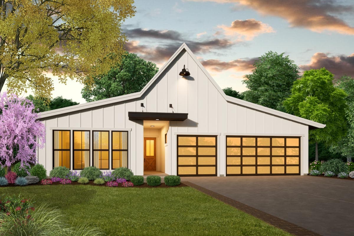 House plan exterior featuring a modern farmhouse style. Highlights include a single story, gable roof, and glass garage doors.