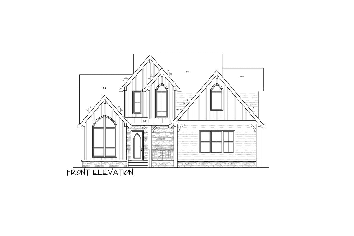 Front elevation drawing of a two-story house with gabled dormers, arched windows, stone accents, and paneled siding.